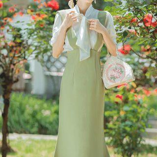 Set: Short-sleeve Tie-neck Blouse + Midi Overall Dress
