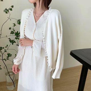 Faux-pearl Button Cardigan / V-neck Long-sleeve Dress