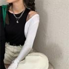 Color-block Long-sleeve Slim-fit Top Black & White - One Size