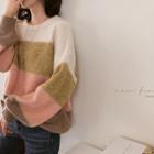 Round-neck Color-block Knit Top Ivory - One Size