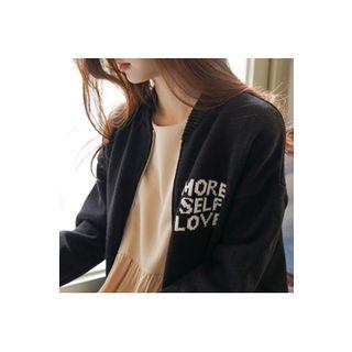 Lettering Zip-up Cardigan