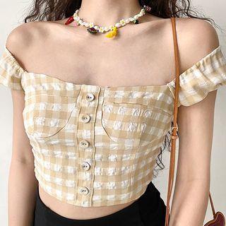 Short-sleeve Square-neck Single-breasted Plaid Top