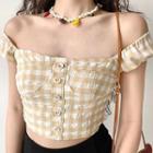 Short-sleeve Square-neck Single-breasted Plaid Top