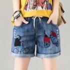 Drawstring Fish Embroidered Denim Shorts