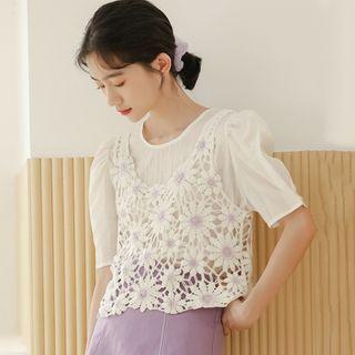 Short-sleeve Plain T-shirt / Eyelet Lace Vest