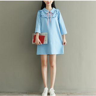 Frill Trim Collared 3/4 Sleeve Dress