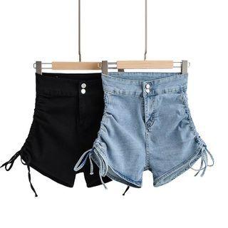 High Waist Drawstring Ruched Denim Shorts