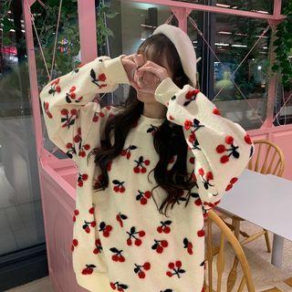 Cherry Applique Faux Shearling Pullover