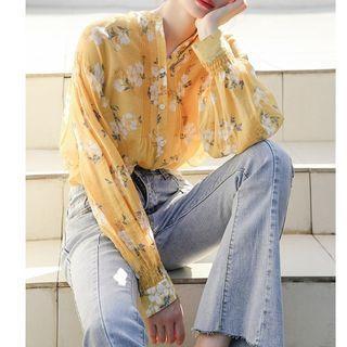 Long-sleeve Floral Blouse Lettering Checker - Yellow - One Size