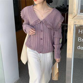 Plain Eyelet Lace Collar Knit Cardigan