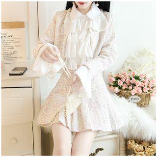 Set: Beaded Tweed Jacket + Pleated Skirt / Tweed Jacket + Pleated Skirt + Ruffle Blouse