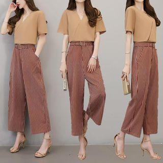 Set : V-neck Short-sleeve Top + Pinstripe Wide Leg Pants