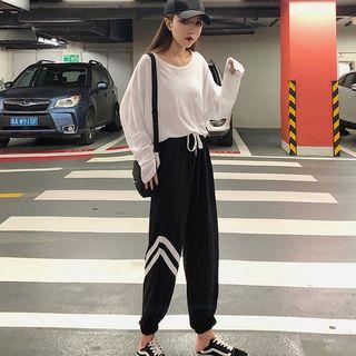 Pocket Detail Long-sleeve Top / Contrast Trim Drawstring Sweatpants