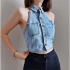 Washed Denim Button-up Cropped Tank Top