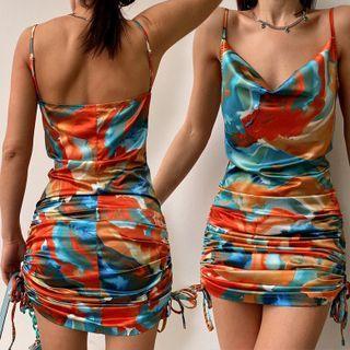 Spaghetti Strap Tie-dyed Drawstring Sheath Dress