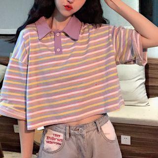 Cropped Pinstriped Polo Shirt Stripe - Purple - One Size