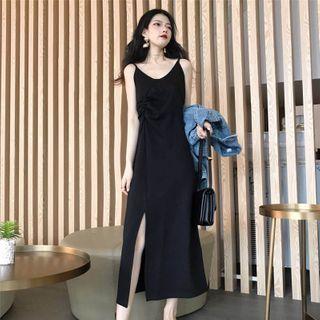 Spaghetti Strap Slit Midi A-line Dress Black - One Size