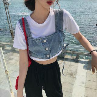 Denim Cropped Vest / Short-sleeve Plain T-shirt