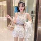 Set: Crochet Crop Tank Top + Layered Shorts + Lace Jacket Set Of 3 - White - One Size