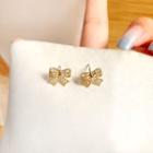 Ribbon Sterling Silver Ear Stud 1 Pair - S925 Silver Needle - Earring - Bow - Gold - One Size