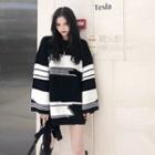 Slit-side Round Neck Sweater Black & White - One Size