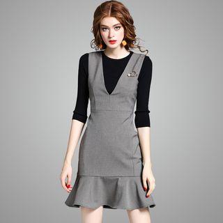 Set: 3/4-sleeve Top + Ruffle-hem Jumper Dress