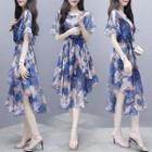 Short-sleeve Floral Midi A-line Chiffon Dress