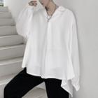 Long-sleeve Plain Asymmetrical Loose-fit Shirt White - One Size