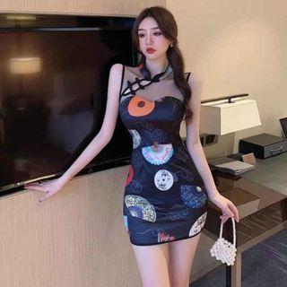 Sleeveless Print Mesh Qipao Dress