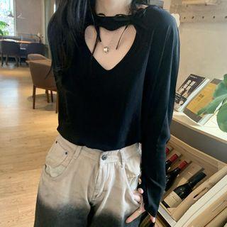 Long-sleeve Heart Cutout Bow-front Blouse