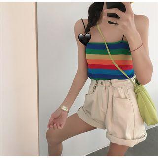 Spaghetti Strap Striped Cropped Knit Top Green - One Size