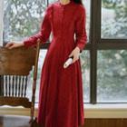 Long-sleeve Buttoned Frill Trim Midi A-line Dress