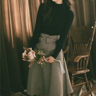 Long-sleeve Mock-neck Knit Top / Midi A-line Skirt / Set