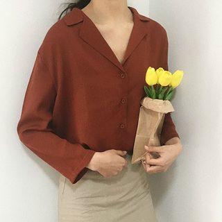 Loose-fit Lapel Plain Long-sleeve Shirt