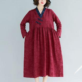 Contrast Trim Long-sleeve Midi A-line Dress
