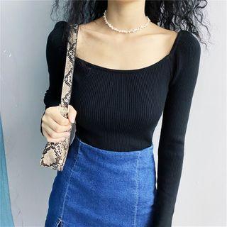 Wide U-neck Long-sleeve Knit Top Black - One Size