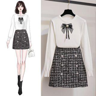 Houndstooth Bow Knit Top / Double-breasted Tweed A-line Skirt / Set