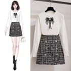 Houndstooth Bow Knit Top / Double-breasted Tweed A-line Skirt / Set