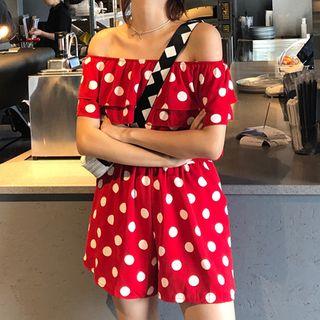 Ruffle-hem Dotted Off-shoulder Dress