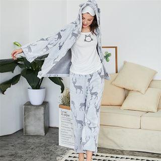 Loungewear Set: Bear Ear Hooded Deer Patterned Jacket + Pants