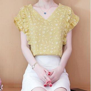 Ruffled Plaid Short-sleeve Blouse