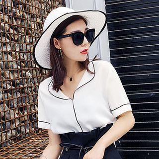 Contrast Trim V-neck Short-sleeve Chiffon Blouse