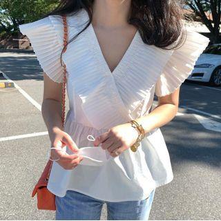 V-neck Pleated Cap-sleeve Blouse White - One Size