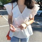 V-neck Pleated Cap-sleeve Blouse White - One Size