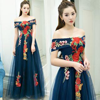 Off Shoulder Floral Embroidered Mesh Evening Dress