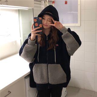 Hooded Fleece Color Panel Lettering Zip Jacket As Shown In Figure - One Size