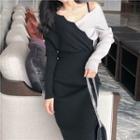 Color-block V-neck Long-sleeve Slim-fit Dress As Figure - One Size