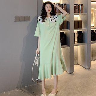 Collared Elbow-sleeve Midi T-shirt Dress
