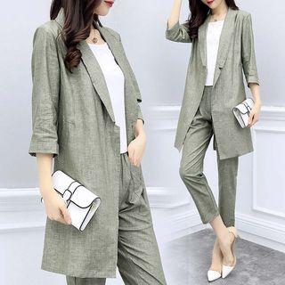 Set: 3/4-sleeve Open Front Blazer + Cropped Dress Pants
