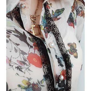 Puff-sleeve Lace-trim Floral Print Blouse Beige - One Size